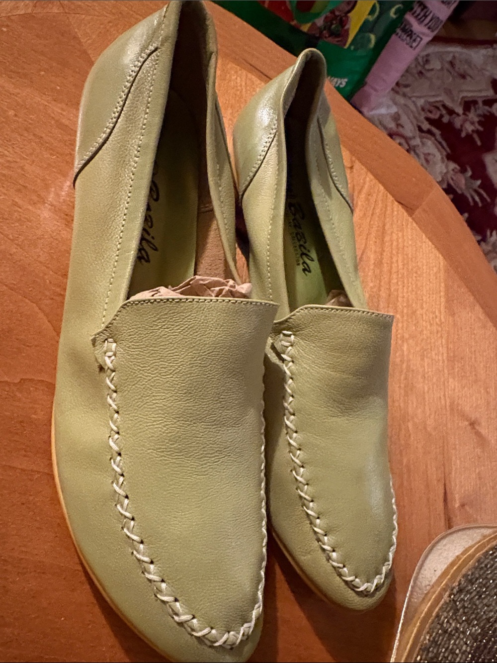Easy Spirit Olive Green Leather Slip-On Loafers with White Stitching